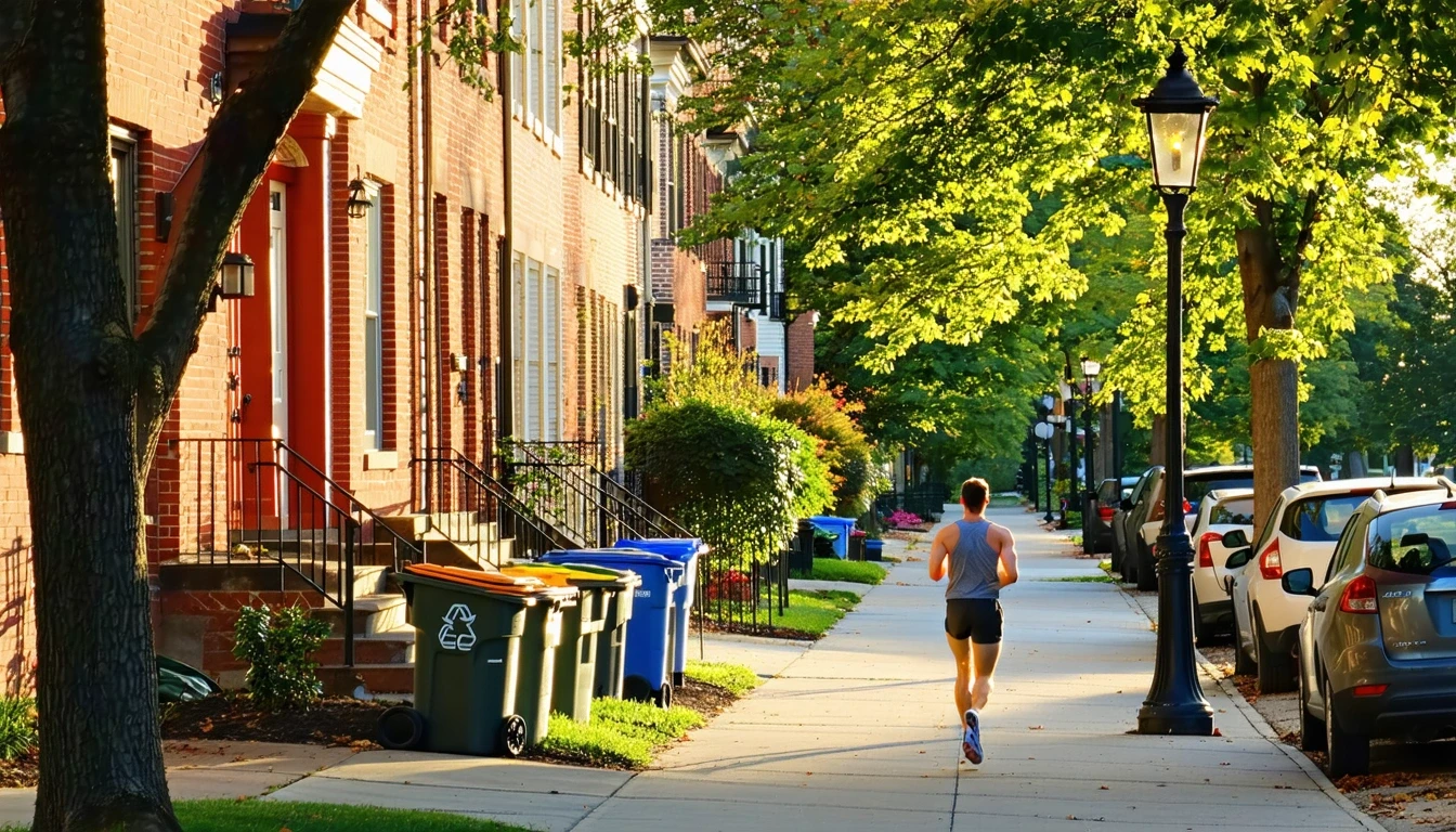 A residential street in Washington, DC lined with red-brick townhomes and recycling bins on a sunny morning, with a jogger running past.