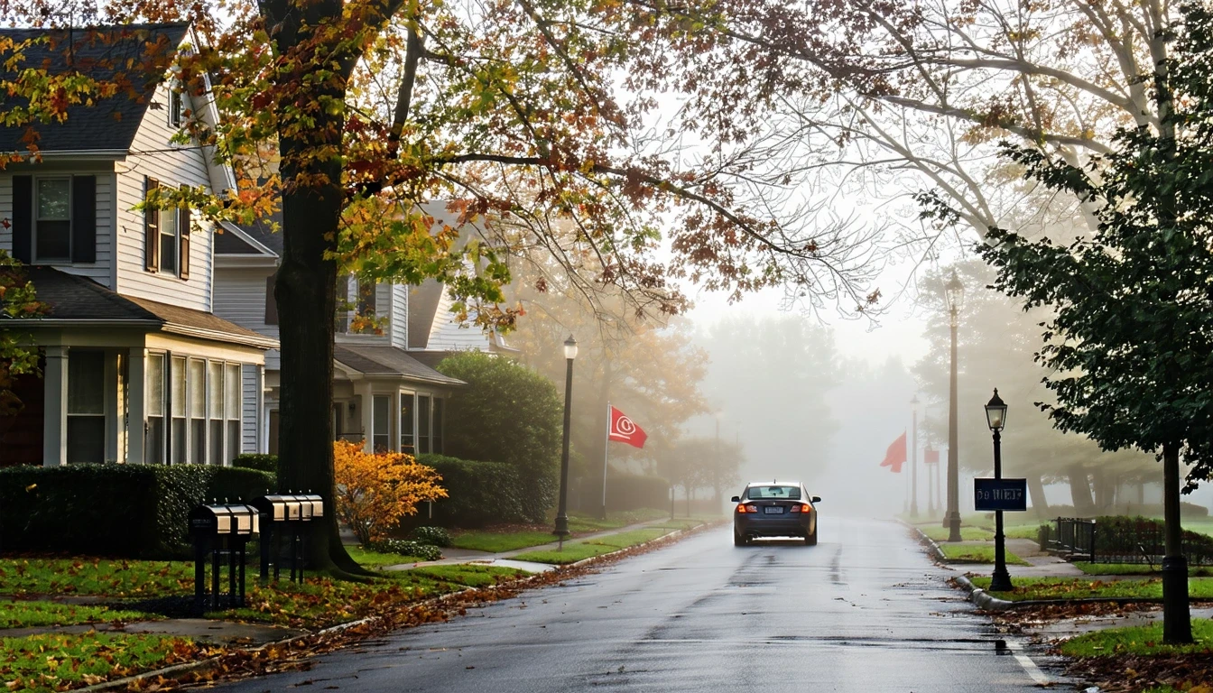 A suburban street in Bethesda, MD with single-family homes and maple trees on a misty fall morning, with mailboxes and a parked car visible.