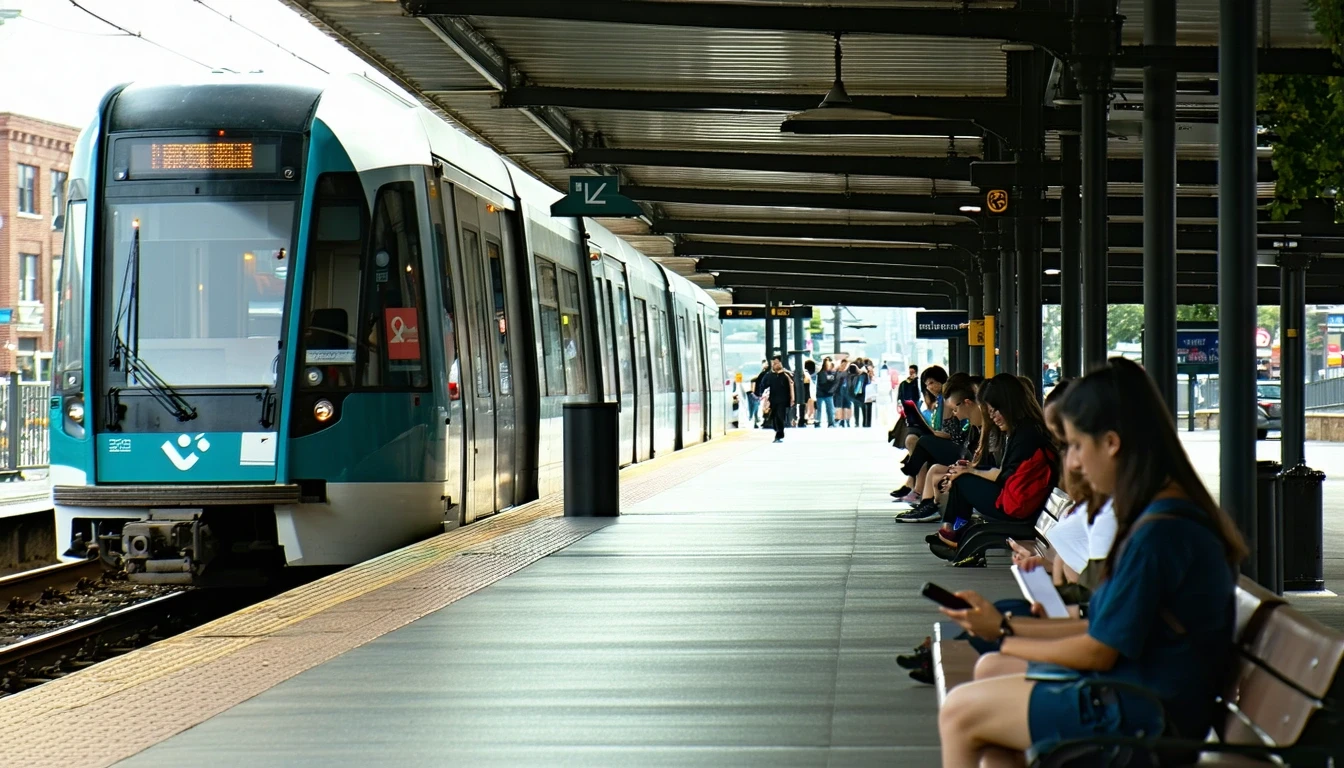 A Washington DC light rail station platform with a few commuters waiting under overcast skies.