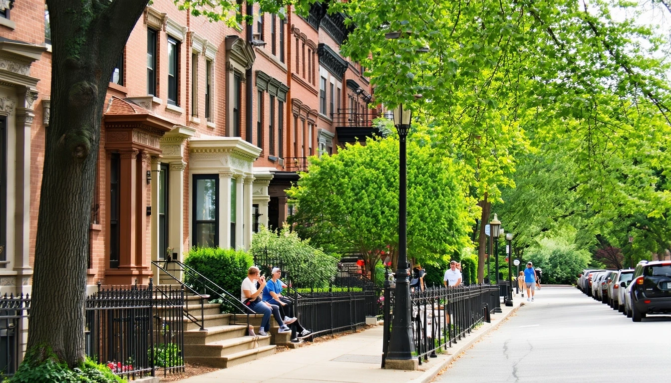 A tree-lined residential street in Washington, DC with historic row houses on a sunny day.