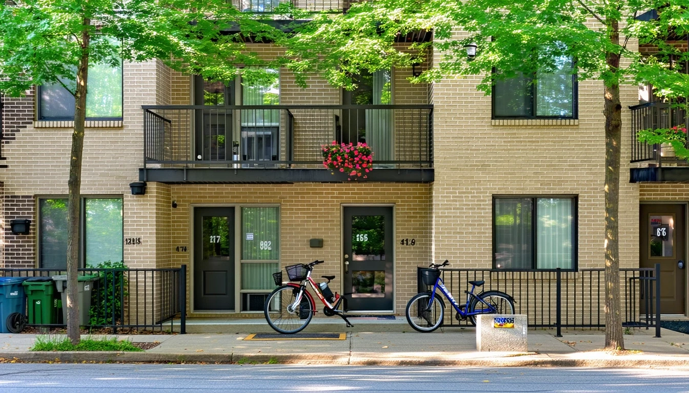 An apartment building on a tree-lined street in Silver Spring, MD with bicycles resting outside.