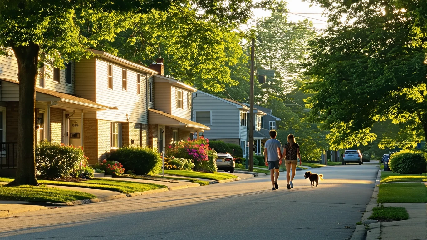 A sunny morning street in Fairfield, Ohio with ranch homes, mature trees, and a couple walking their dog.