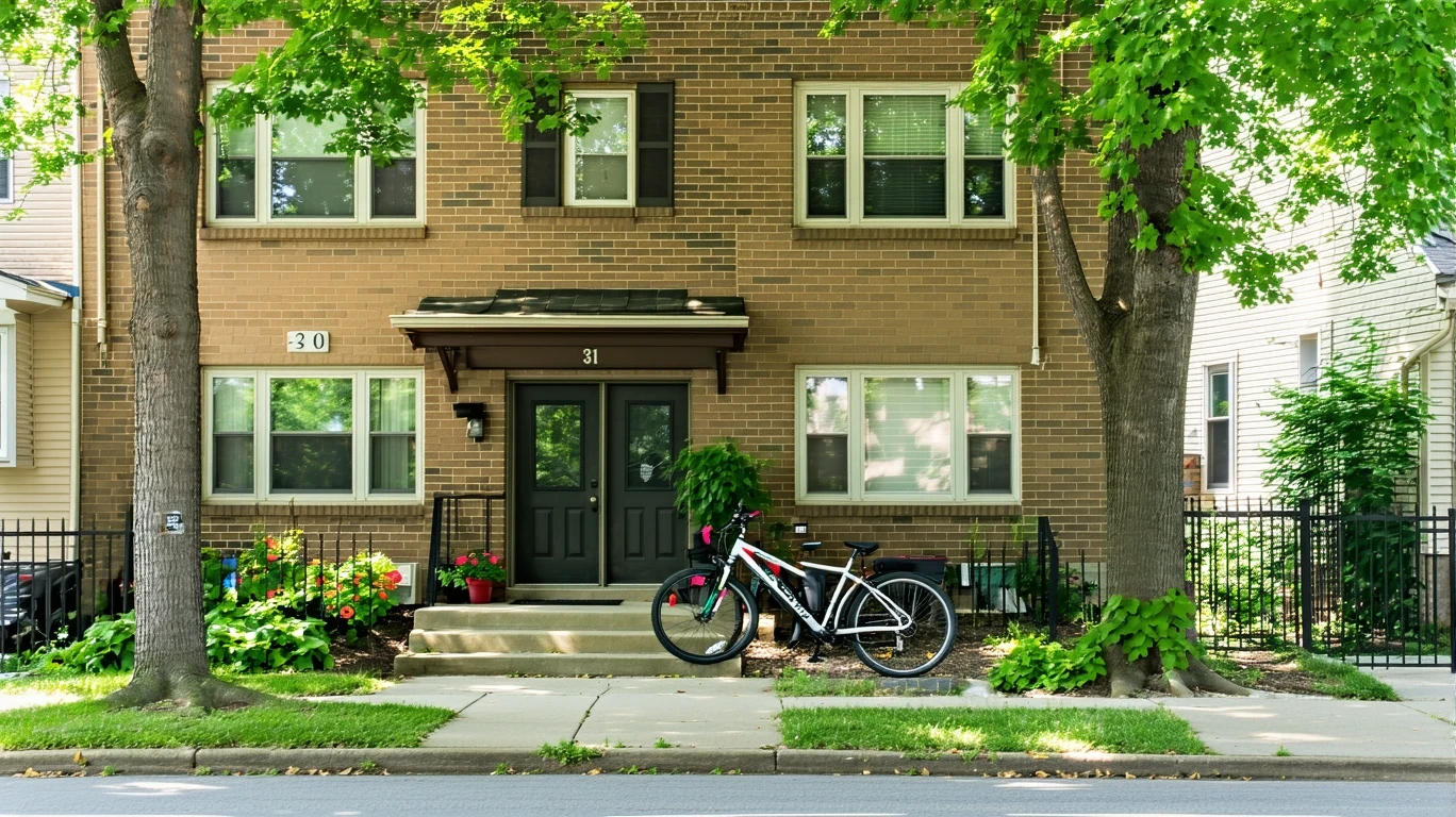Exterior view of a tidy brick apartment building in Cincinnati with potted plants by the door, two bikes leaning on the porch, and trees providing shade.
