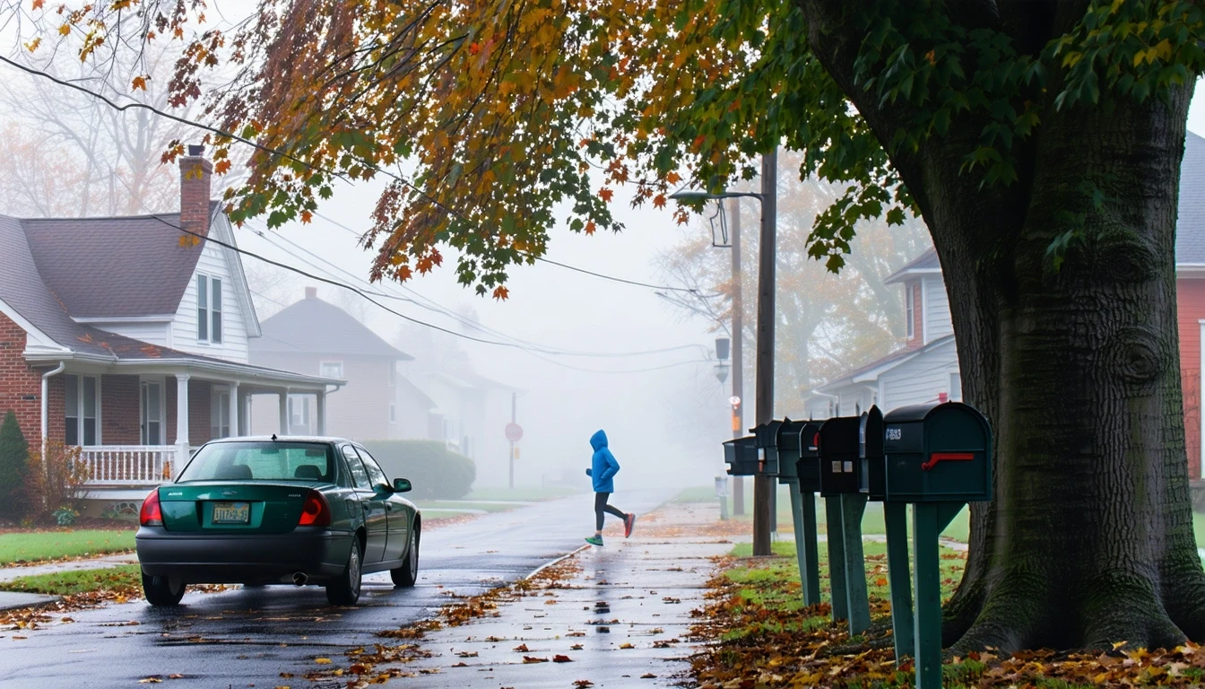 A foggy morning street with mailboxes, an old car, and a maple tree in Chester, Pennsylvania.