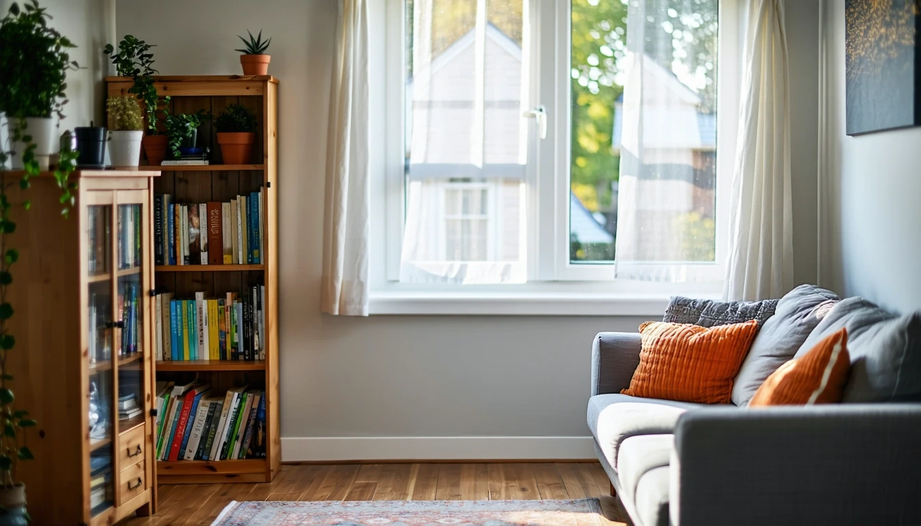 A small, inviting living room in a Simsbury home with a couch, bookshelf, and soft natural light coming through sheer curtains.