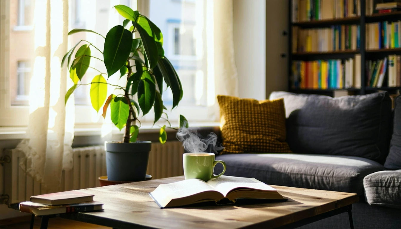 A cozy Hartford living room with a couch, bookshelf, and fiddle-leaf fig plant, illuminated by soft morning light through sheer curtains.