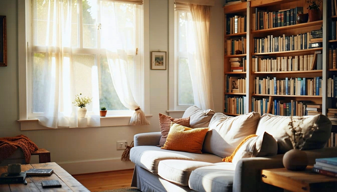 Sunlight filters into a simply furnished living room with a couch and bookshelf in a Farmington, Connecticut home.