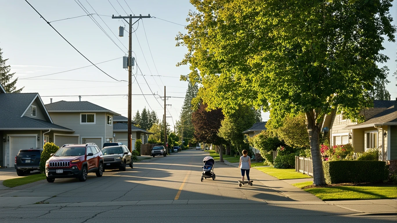 A residential intersection in Hillsboro, Oregon with parked cars, overhead lines, and people on the sidewalk.