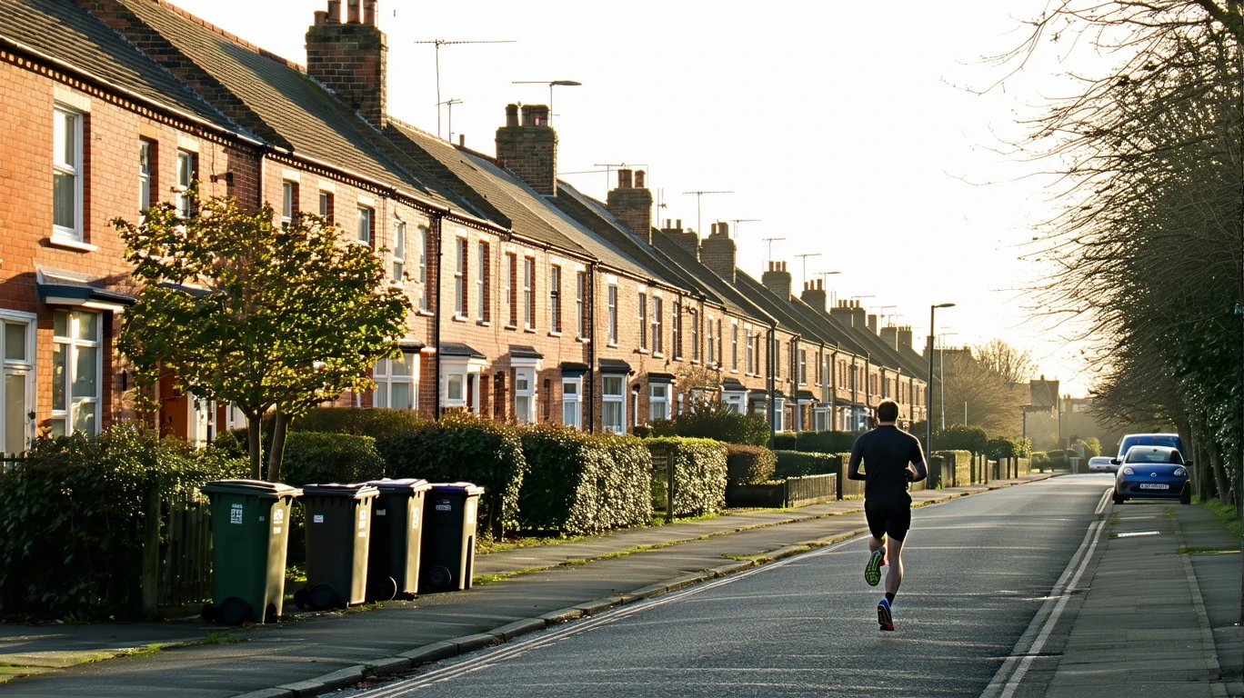 A residential street in Dublin, Ohio with rows of red-brick houses, manicured lawns, and a jogger on the sidewalk.