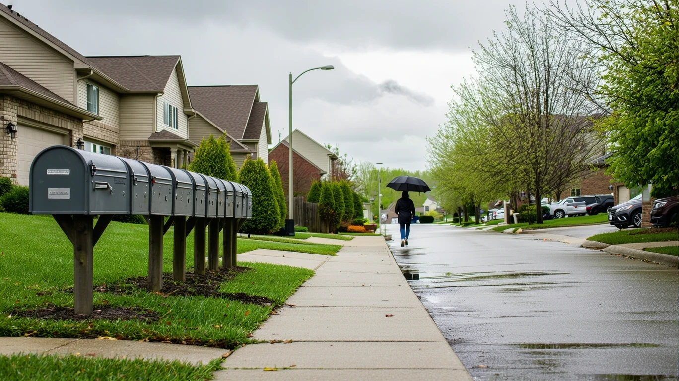 A view of a suburban street in Grove City, OH on a cloudy day, showing mailboxes along a sidewalk curving past simple two-story homes with small yards.