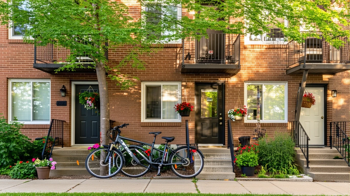 An apartment building in Indianapolis with potted plants by the doors and two bicycles resting against the railing.