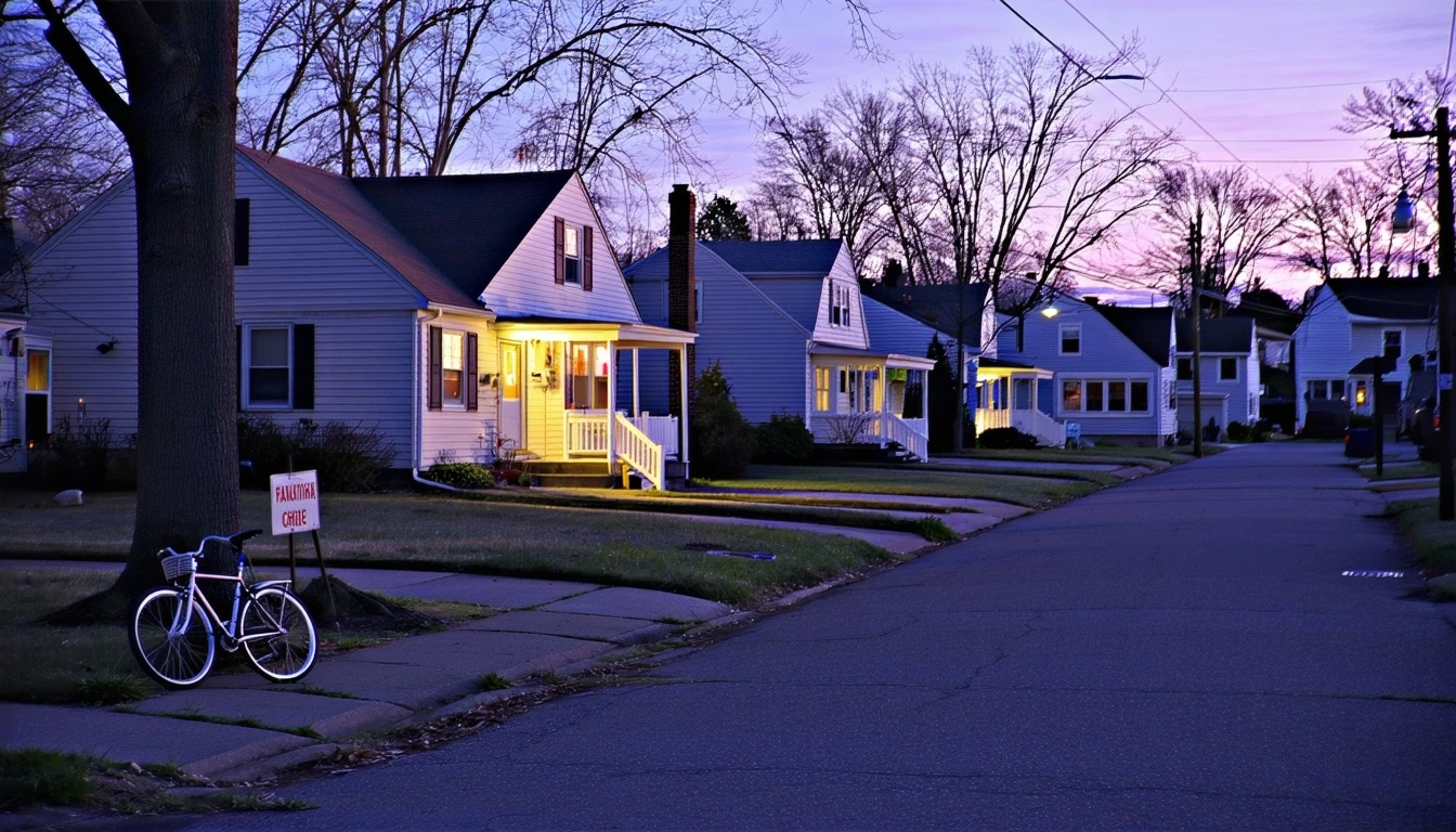 A cul-de-sac in East Hartford, Connecticut at dusk with houses, porch lights, a bicycle, and trees.