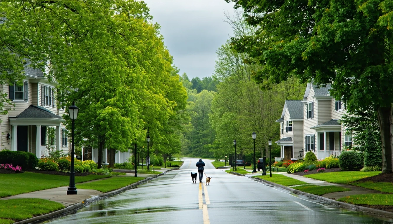 Tree-lined street in Glastonbury, Connecticut with modern homes and reflections on wet pavement after rain.