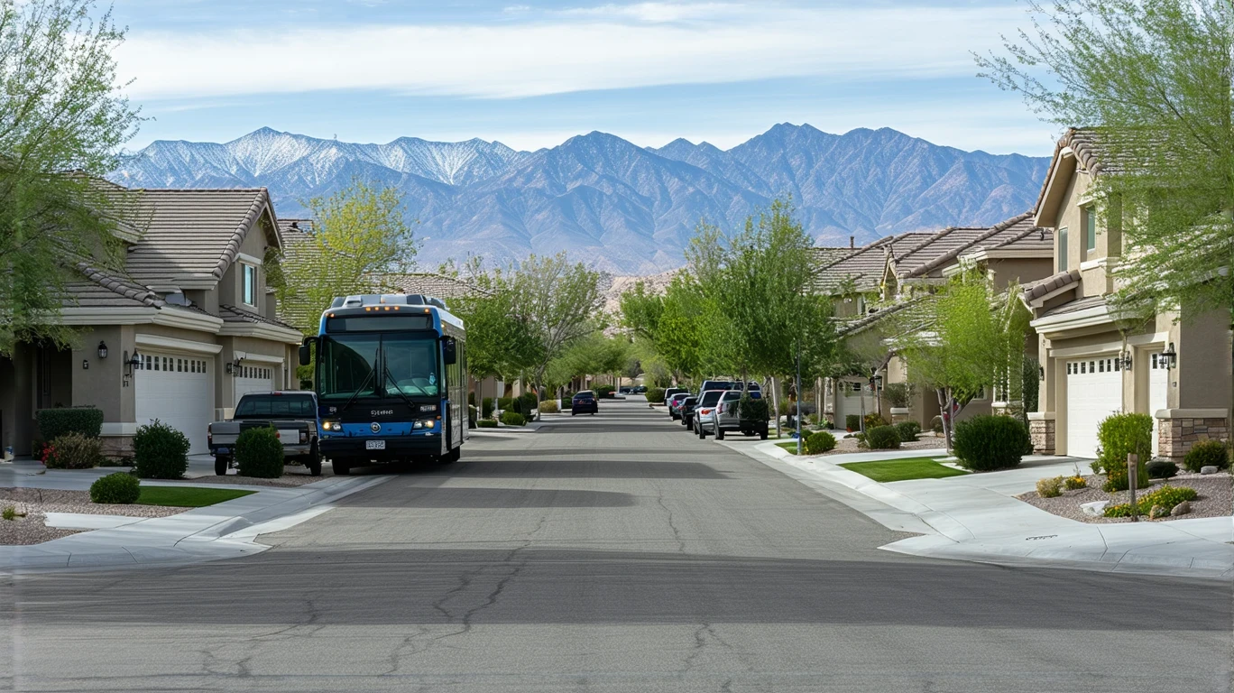 A Valley Metro public bus driving through a quiet residential street in Whitney Ranch, Nevada lined with modest craftsman-style homes and the Sierra Nevada mountains visible in the distance.