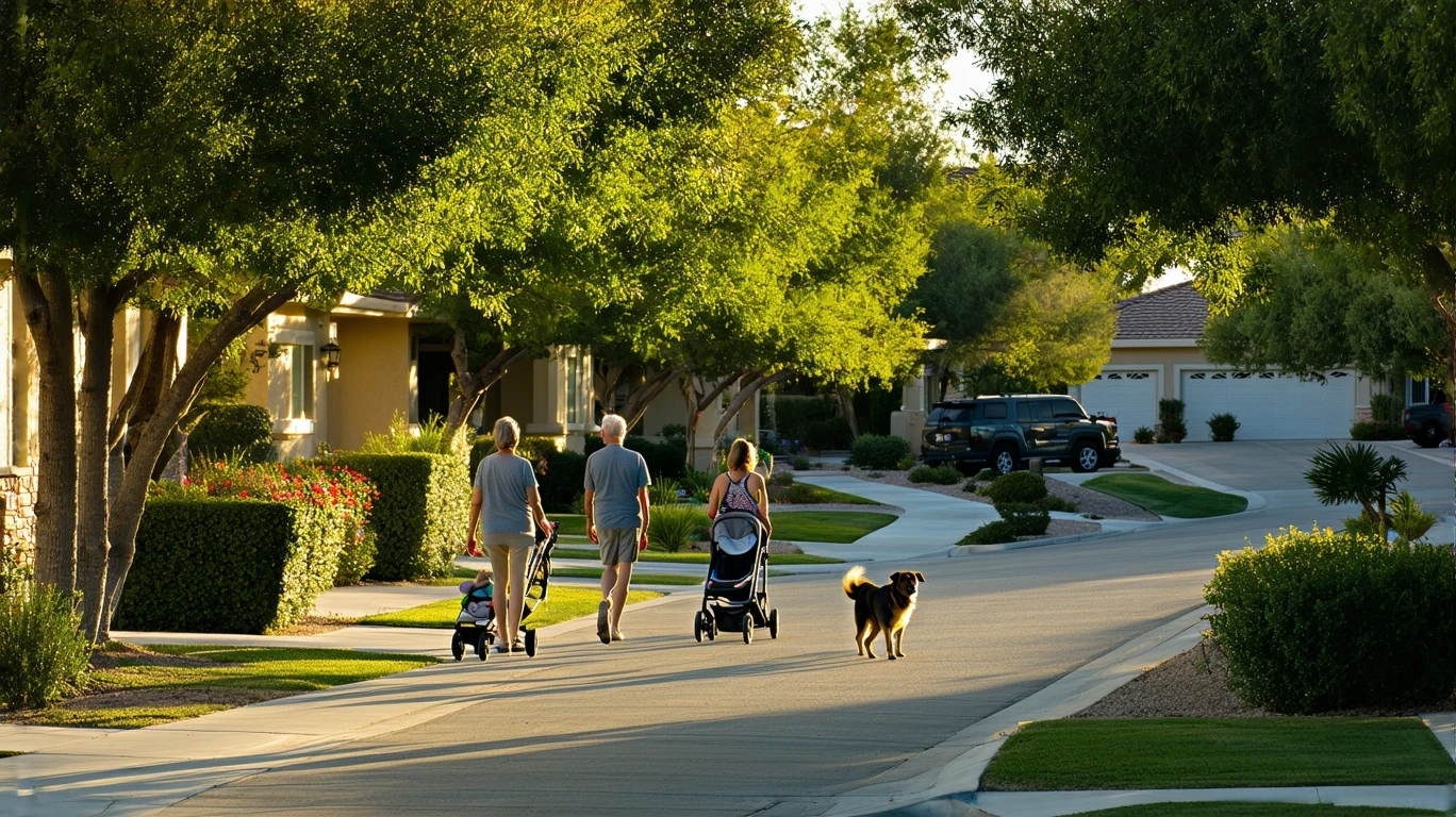 A sidewalk winding under trees in a Las Vegas suburb, with a woman pushing a stroller and a man walking a dog.