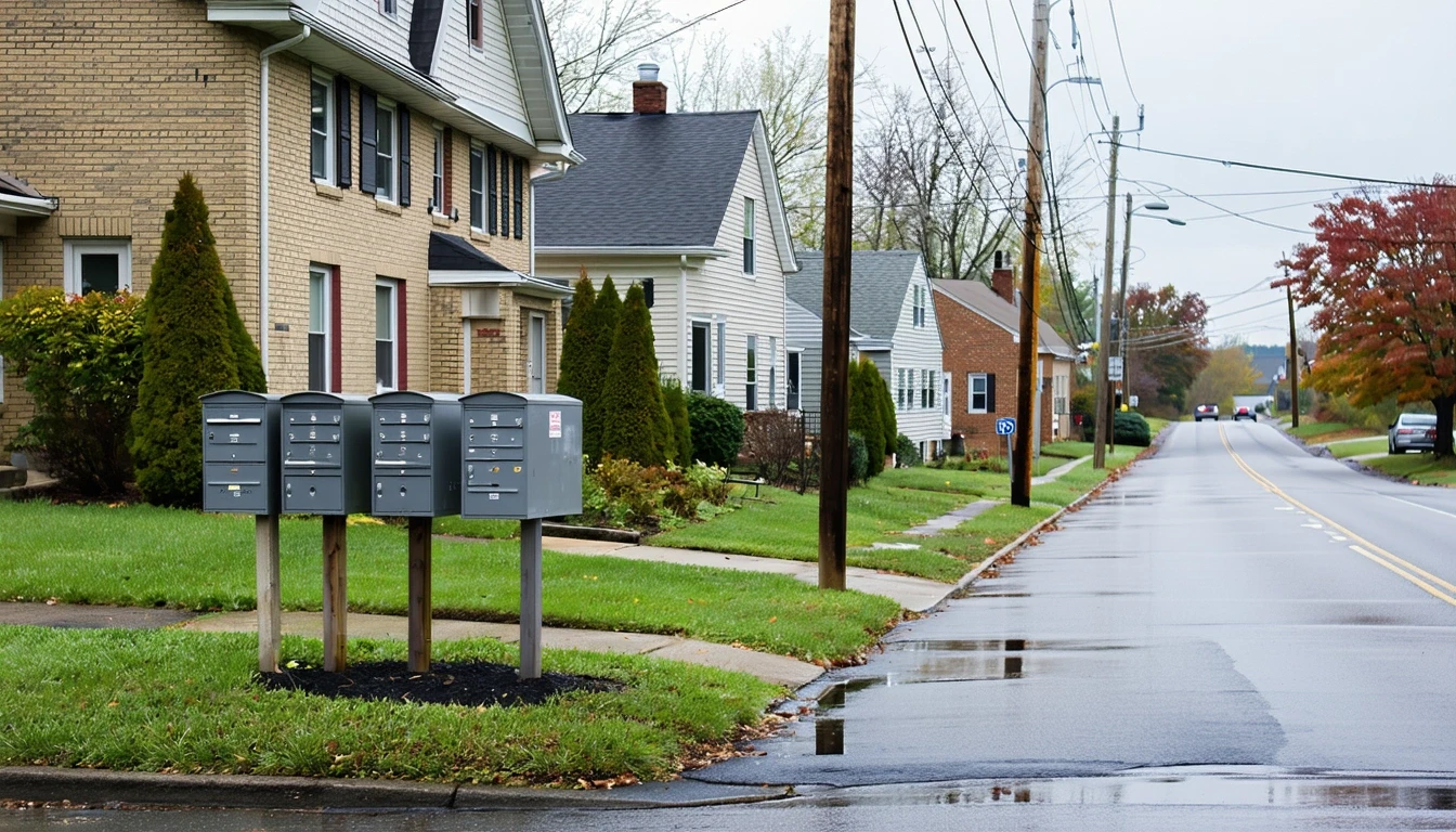 A tidy suburban street corner in Chester, Pennsylvania with mailboxes, wet sidewalks, and overcast skies.