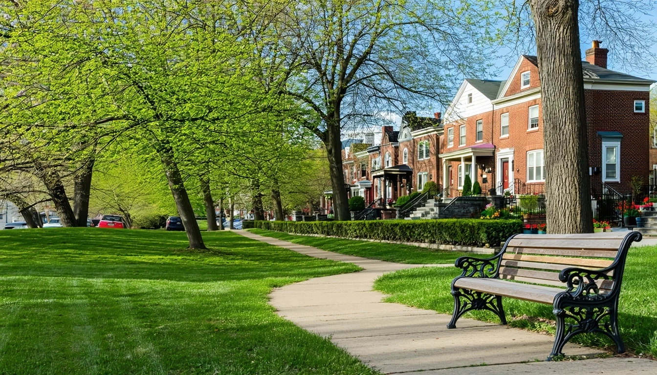 A neighborhood park in Philadelphia with a walking path, bench, and shade trees, viewed from across a street with brick rowhomes.