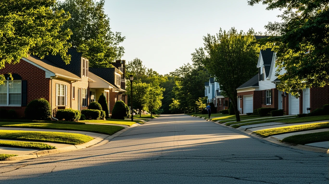 Residential street in Georgetown, Kentucky just after sunrise with one-story brick homes, manicured lawns, sidewalks and a jogger in the distance.