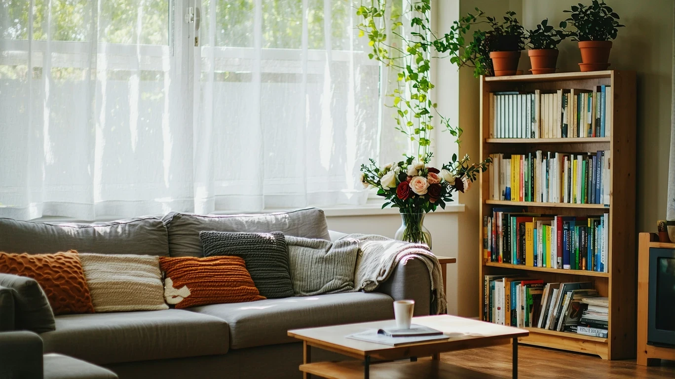 Sunlit living room with couch, bookshelf, curtains, and hardwood floors in a Tualatin home.
