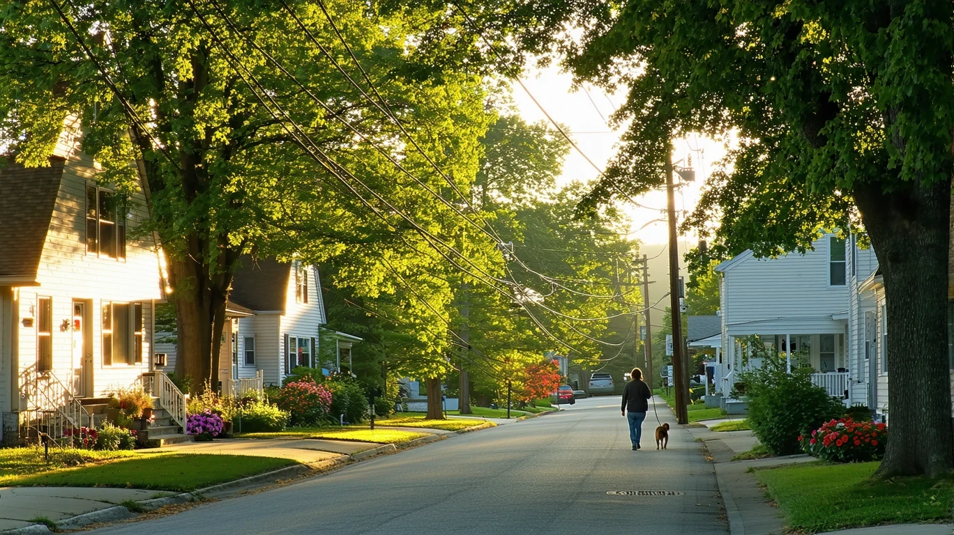 Sunlight filters through maple trees on a residential street with small homes and sidewalks.
