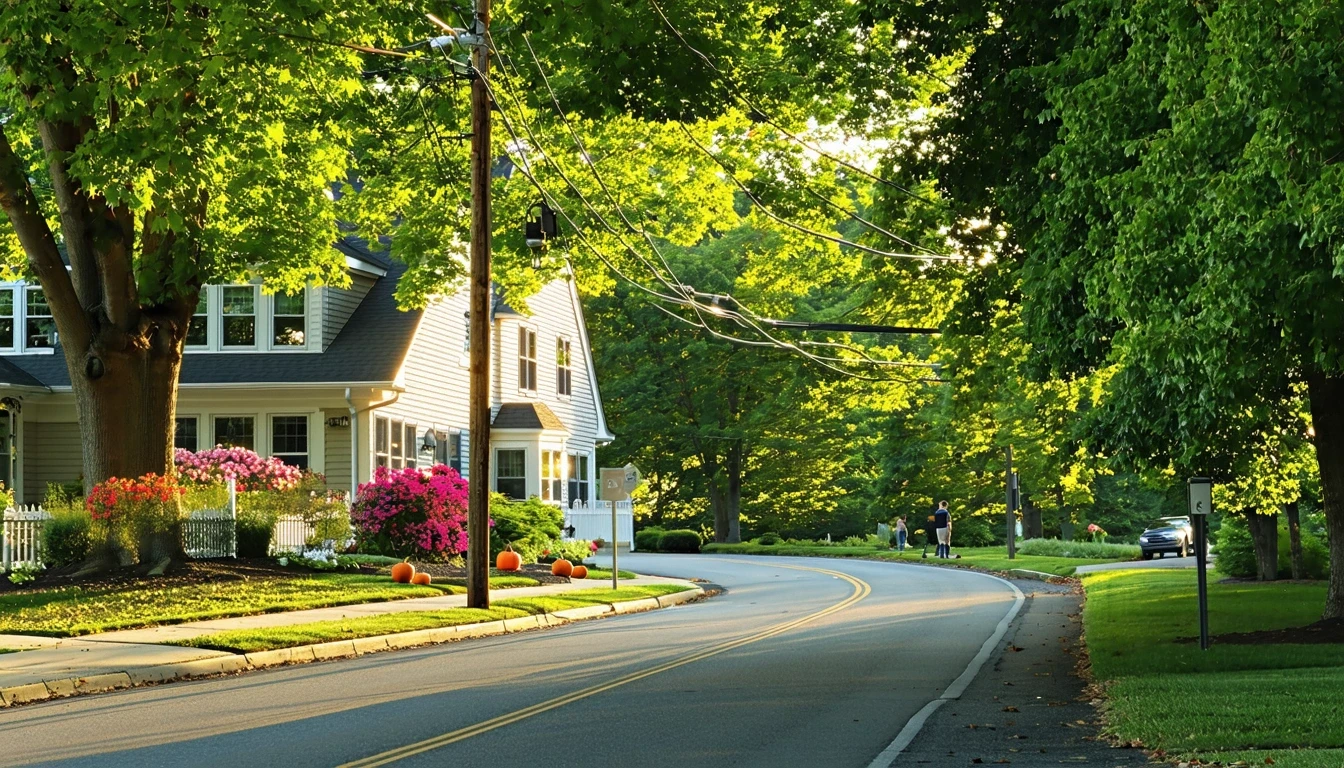 A sunny residential street in South Windsor, Connecticut with maple trees, telephone wires, and a young family walking on the sidewalk past well-maintained homes.