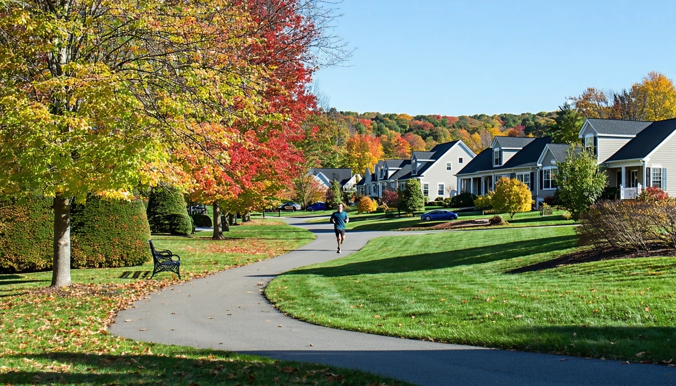 A neighborhood park in Enfield, Connecticut with a walking path, benches, and autumn foliage.