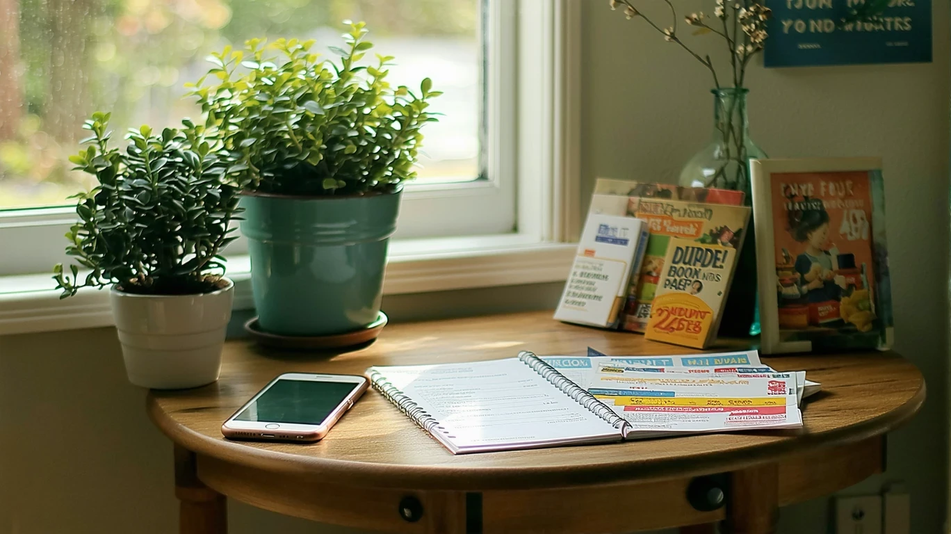 A table with a phone, receipt, budget notes, and takeout menus in a Woodbury apartment.