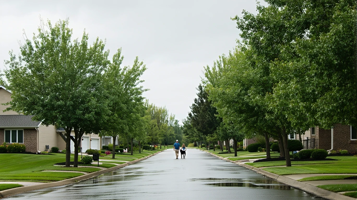 A suburban street in Woodbury, MN lined with palm trees and single-story homes on a cloudy day after rain. Reflections are visible in puddles on the sidewalk.