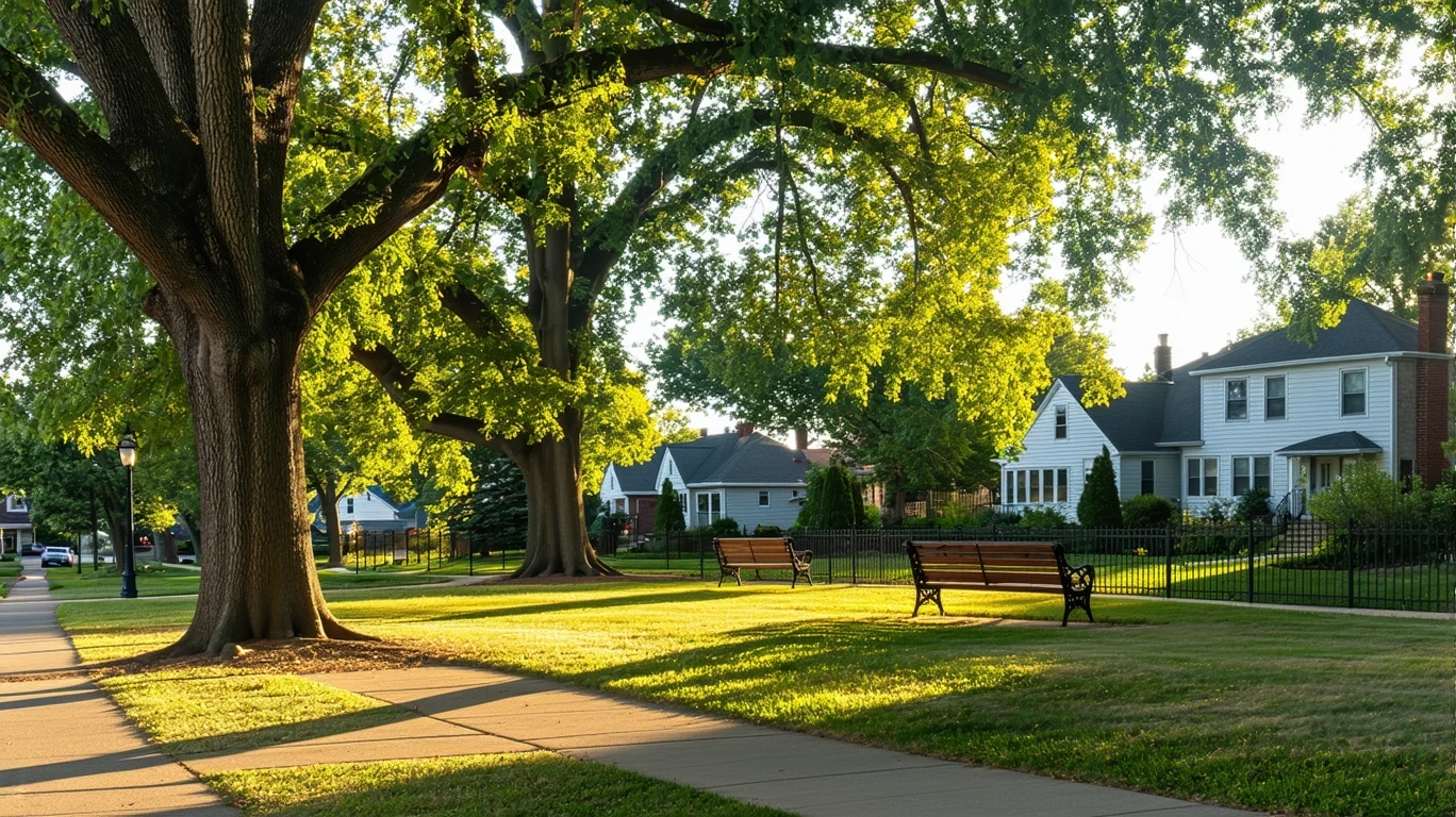 A quiet neighborhood park in Brooklyn Park, MN with large oak trees, empty benches, and golden hour light stretching across the grass. Surrounding homes are partially visible.