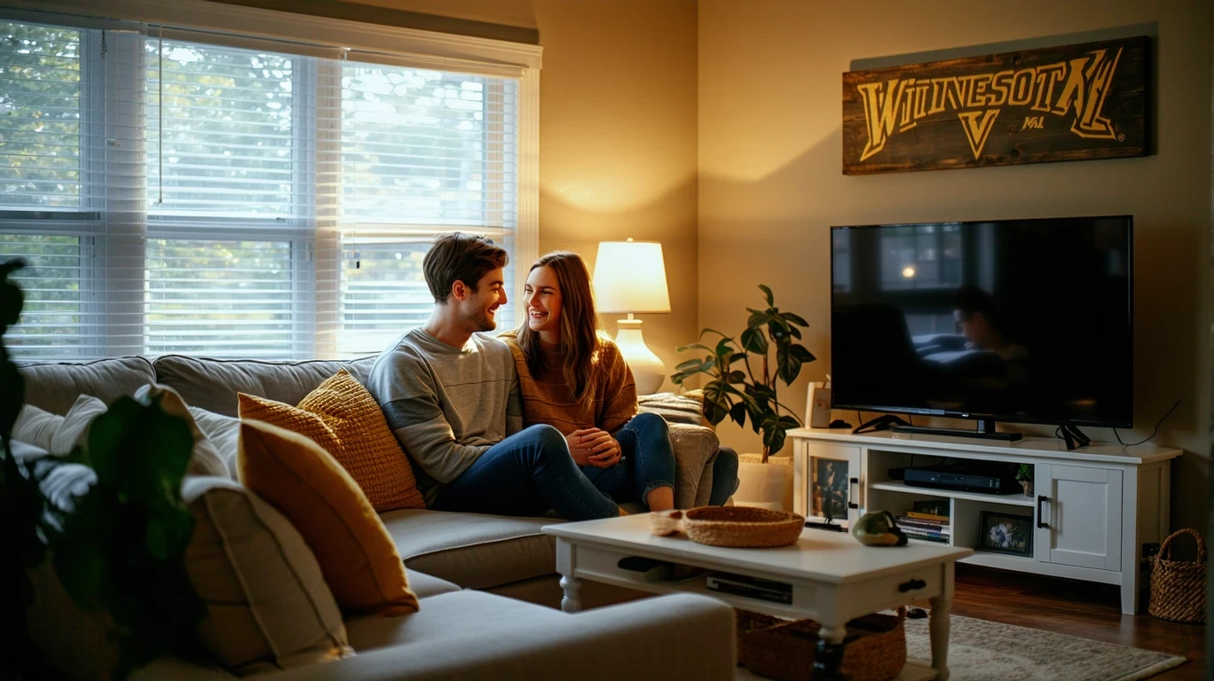 Two roommates laughing together on a couch in a warmly lit living room with TV in the background.