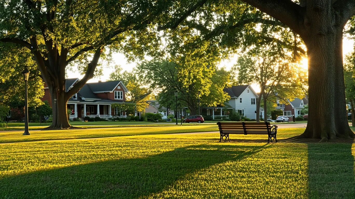 A quiet park lawn with benches beneath old oak trees in Woodbury, Minnesota during golden hour.