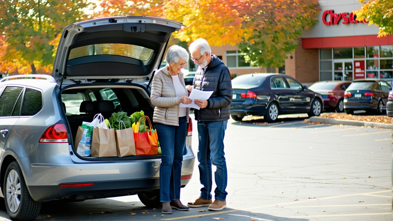 An older couple reviewing a grocery receipt beside a car trunk full of shopping bags in a store parking lot.