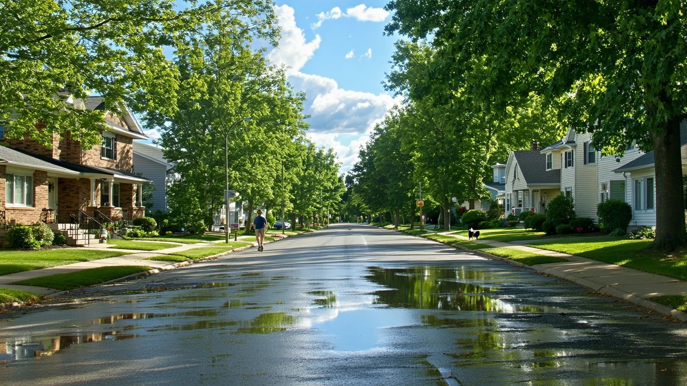 A tree-lined residential street in Woodbury, Minnesota on a sunny day after rain. Puddles reflect the trees and sky.