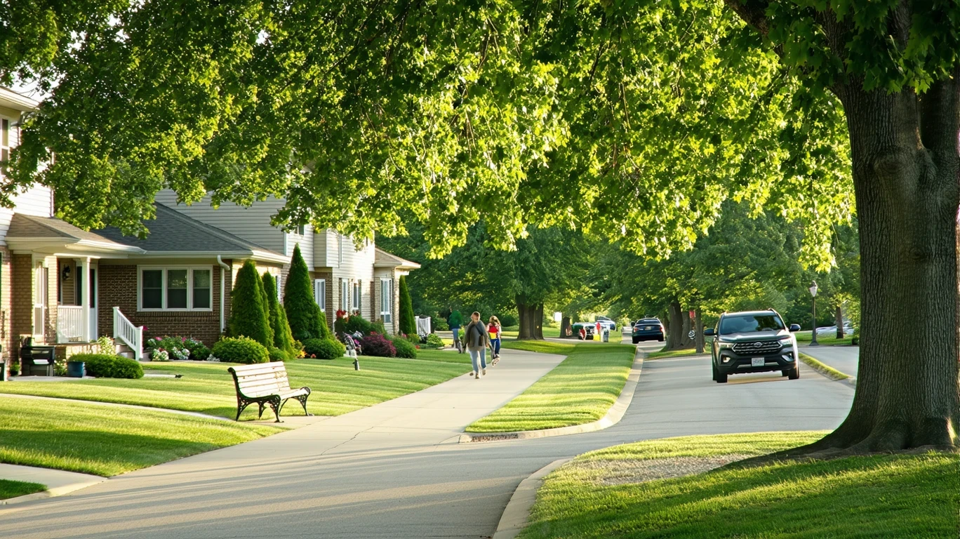 A tree-lined street in Woodbury, Minnesota with a neighborhood park, bench, and people walking on a sunny day.