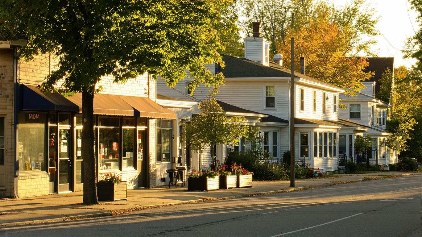 A view down a suburban street in Woodbury, Minnesota with small local shops and modern homes in the early evening light.
