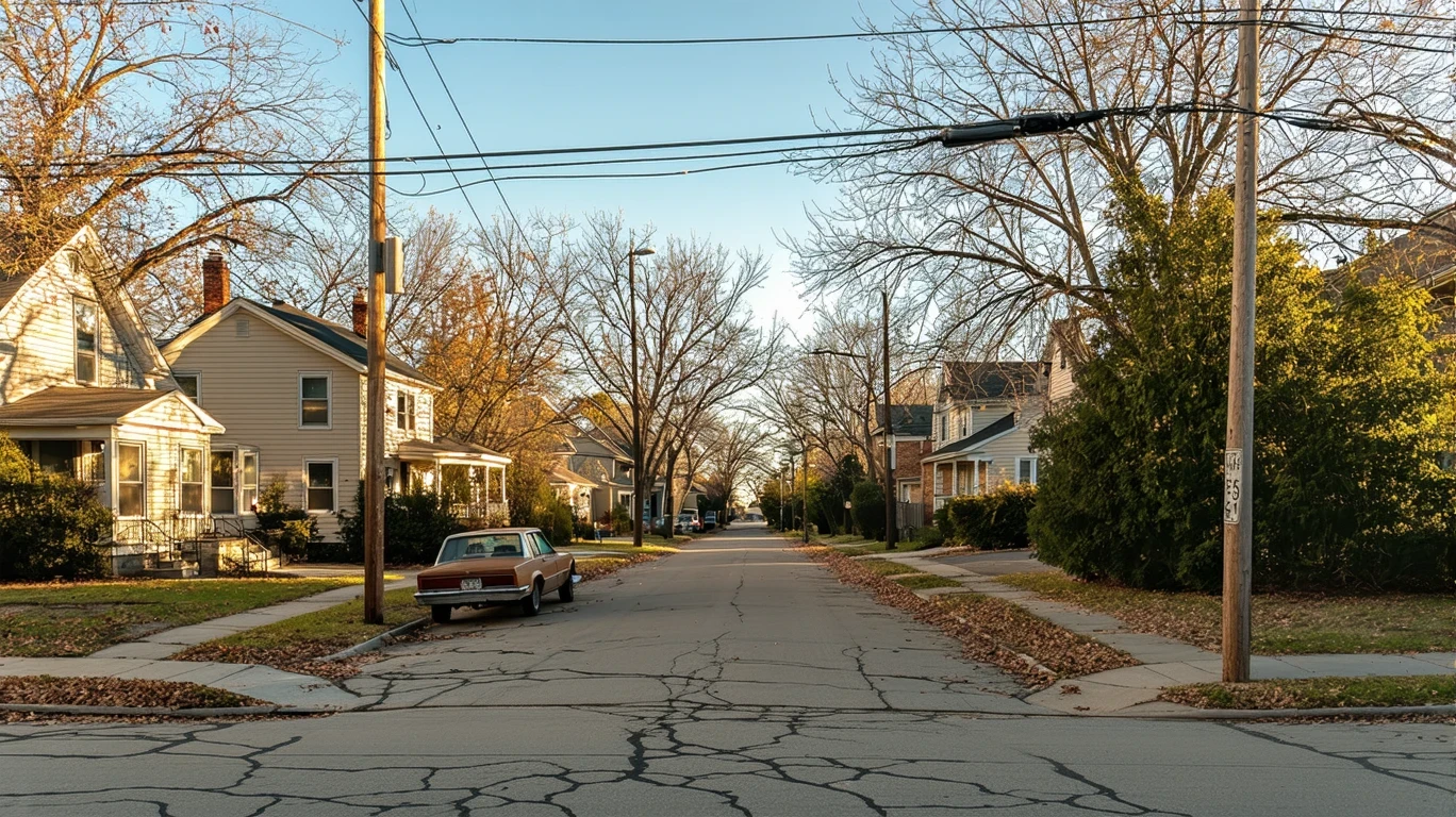 A residential street corner in Saint Paul with older bungalow houses, an aged car parked on the curb, and power lines overhead.