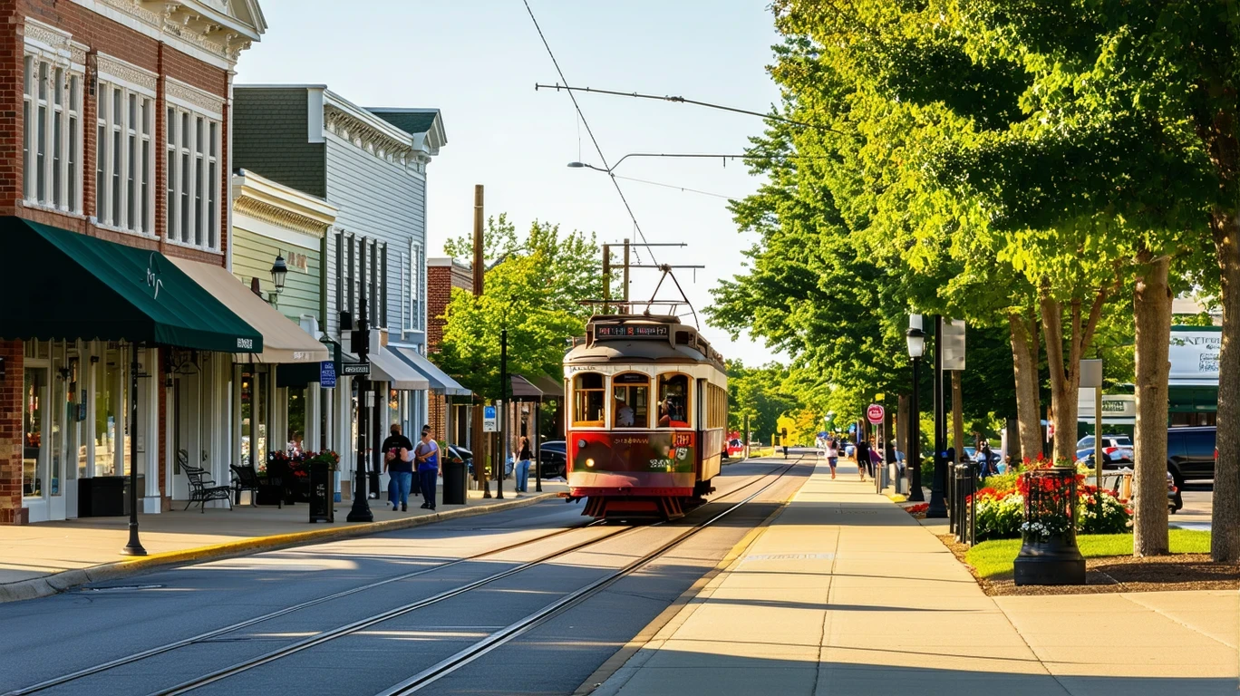 A trolley car turns onto a tree-lined downtown street with storefronts and a few people walking.