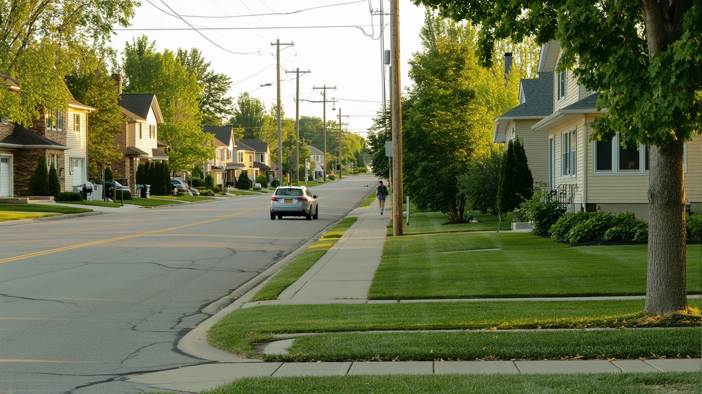 A quiet residential street corner in Woodbury, Minnesota with houses, trees, patchy grass, and a parked car.