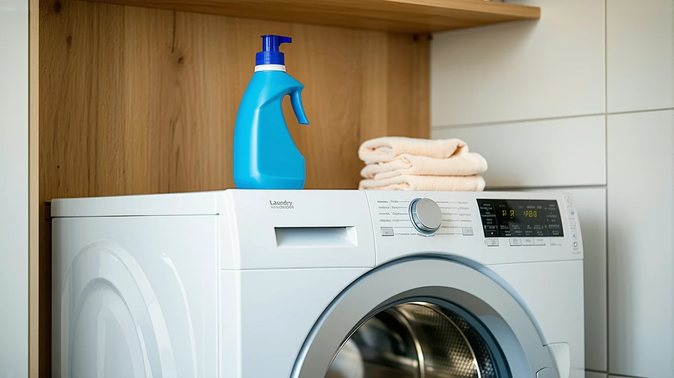 A top-loading washer running with detergent on a shelf above it in a tidy laundry room.