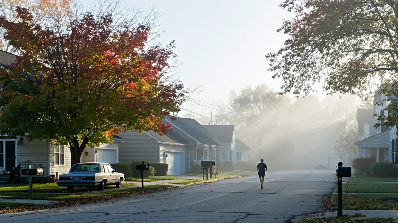A foggy morning street in a Woodbury neighborhood with houses, mailboxes, a maple tree and parked car.