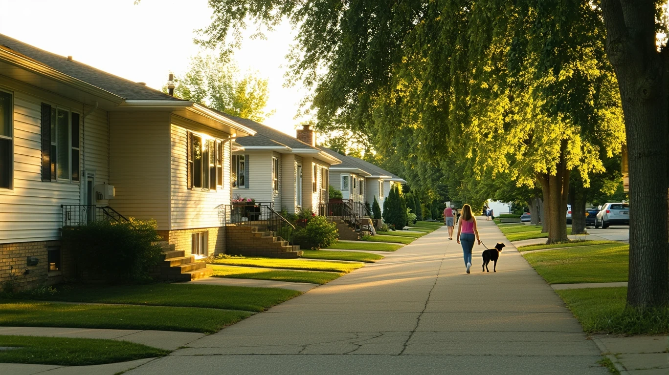 A sunny morning street in a Bloomington neighborhood with small houses, trees, and a woman walking her dog.