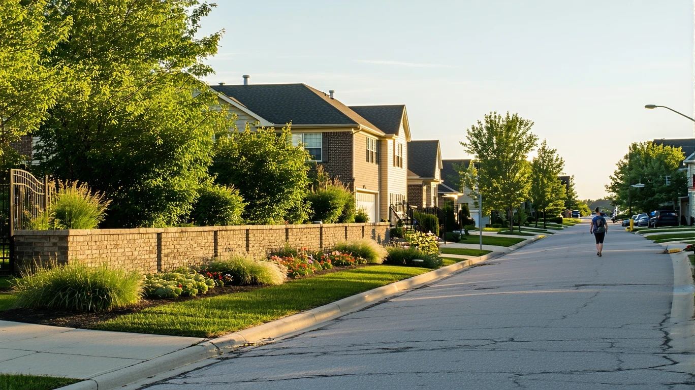 Suburban cul-de-sac in Woodbury, MN with brick wall, native plants, and person walking on sidewalk.