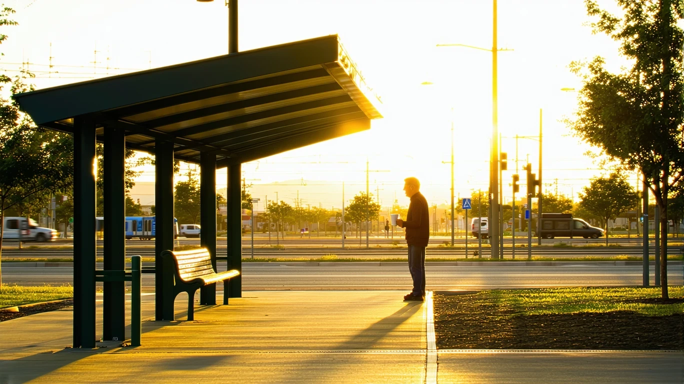 A commuter holding coffee stands on a nearly empty light rail platform at sunrise.