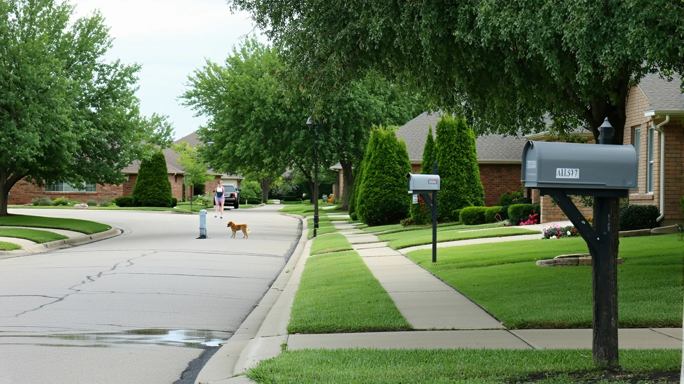 An Oklahoma City neighborhood street on a cloudy day, with a curving sidewalk, gray mailboxes, simple homes and wet pavement.