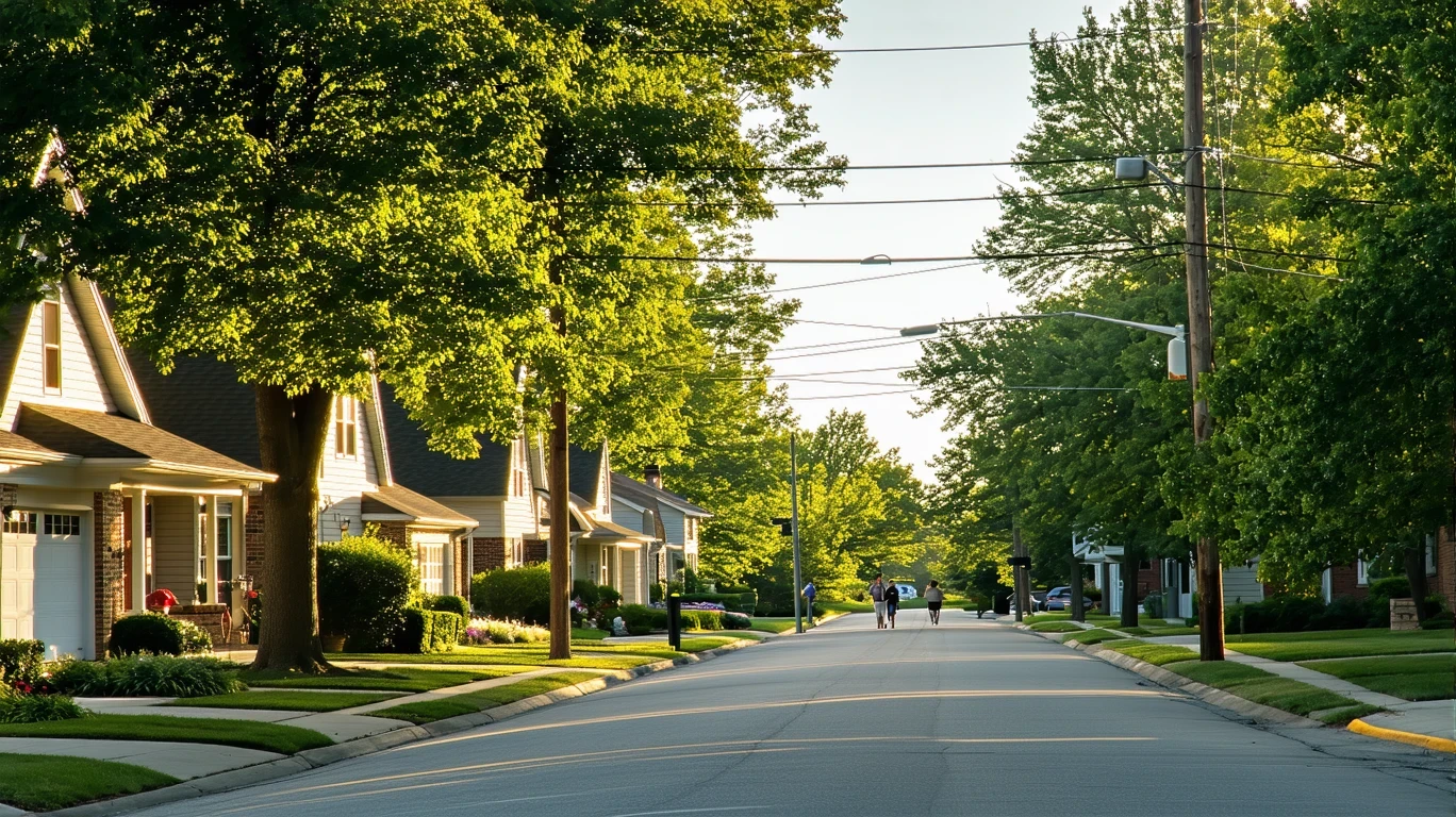 Tree-lined residential street in Norman, Oklahoma on a sunny day with people walking.