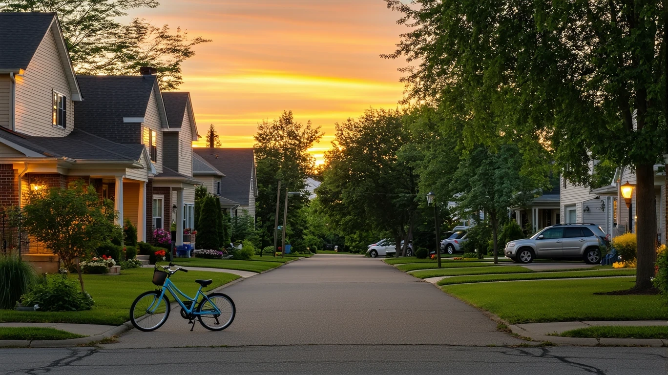 A cul-de-sac in Greenwood, Indiana at dusk with a child's bicycle on the curb and porch lights turning on.