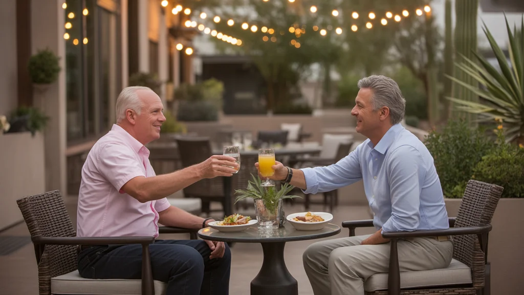 Couple dining on a patio at a stylish Scottsdale restaurant at dusk