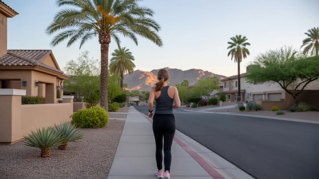 Woman jogging in upscale Scottsdale neighborhood with desert hills in distance