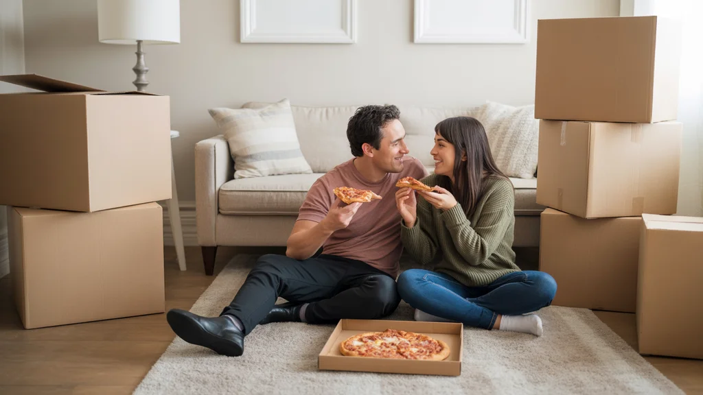 Couple eating pizza on floor while unpacking in their new Queen Creek apartment