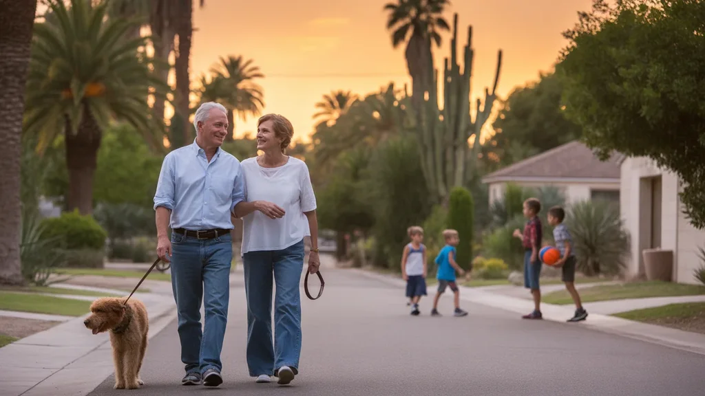 Couple enjoying an evening walk in their Surprise neighborhood